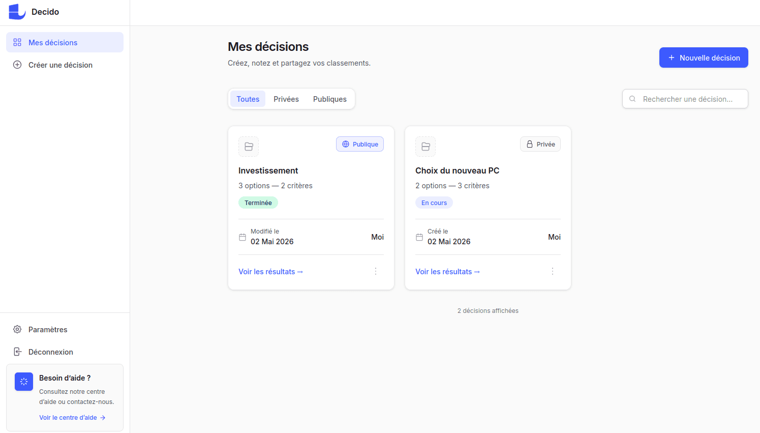 Aperçu du tableau de bord Decido : liste des décisions, filtres et cartes